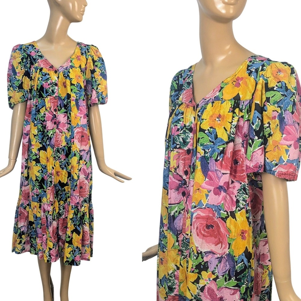 Vintage Star of India 70s Bright Multicolor Floral Cotton Dress Puff‎ Sleeve Sml